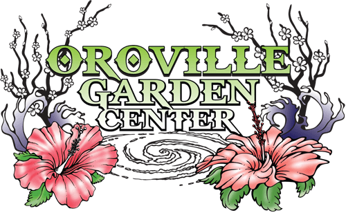 Logo for Oroville Garden Center featuring two pink hibiscus flowers and swirling design elements.
